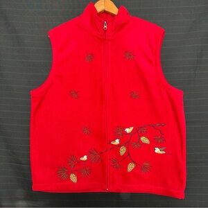 Baxter and Wells Red Fleece Fall Birds Pinecones Embroidered Vest Womens XL